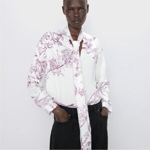 Zara White & Pink Satin Long Sleeve Tie Front Zodiac Print Top small